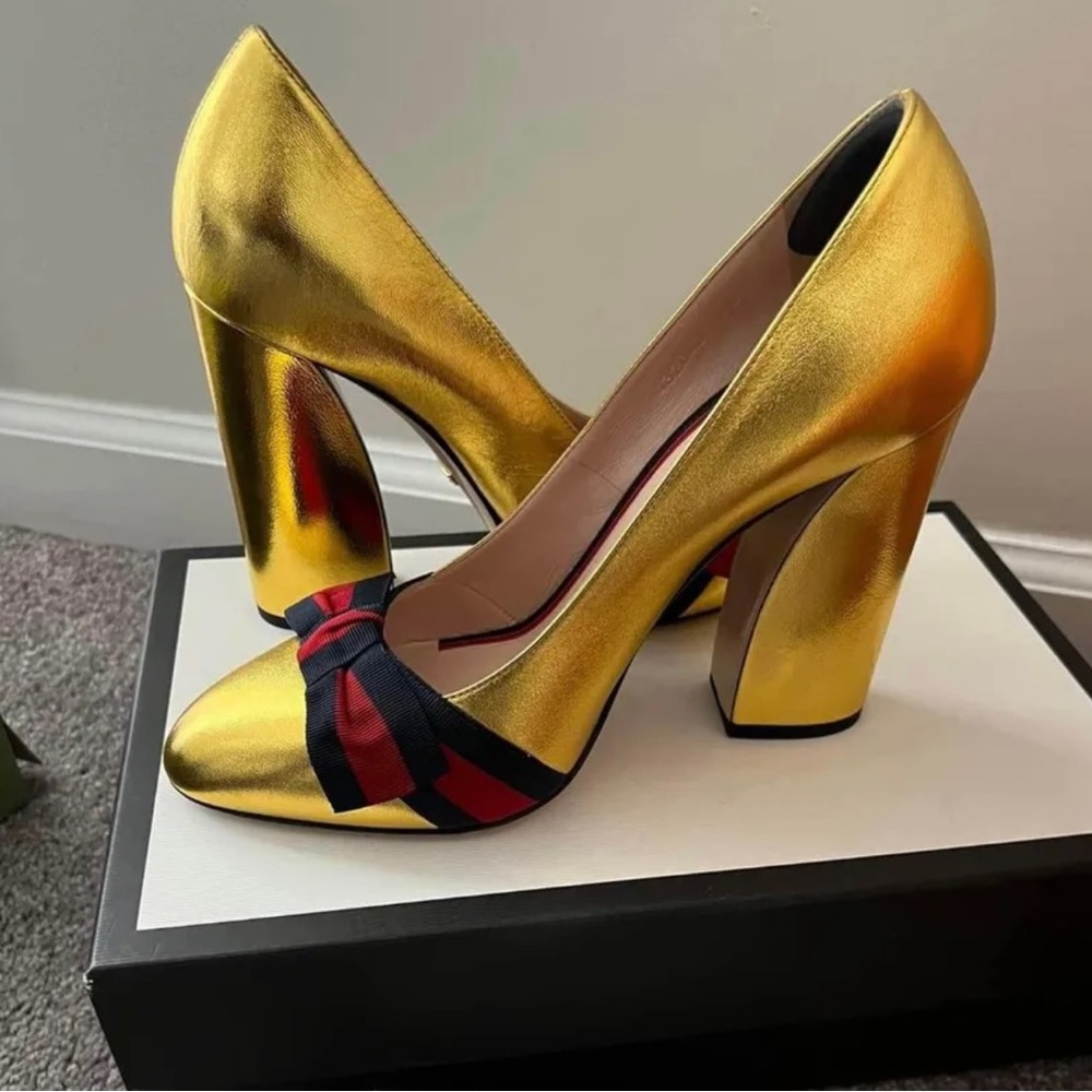 Gucci Gold Sylvie Heels. Worn once, great condition! Box and dust bag in…